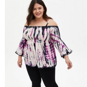 Torrid plus size smocked off the shoulder bell sleeves tie dye top size 2.